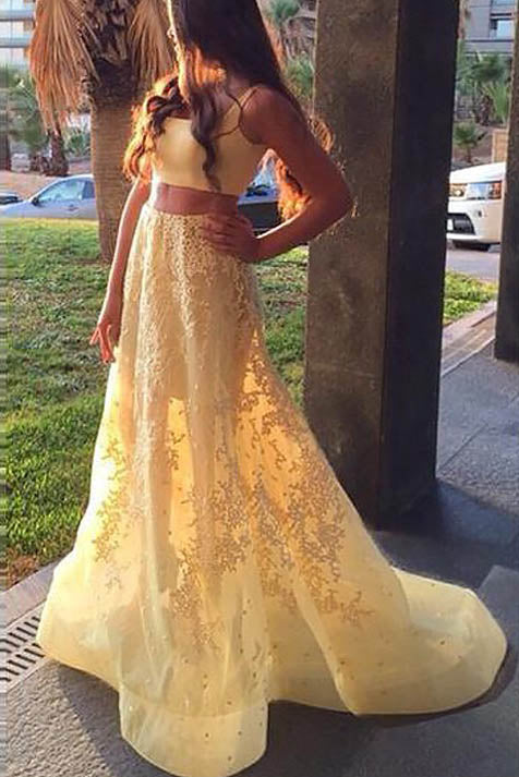 Yellow A-Line Square Sleeveless Applique Two-Piece Prom Dress