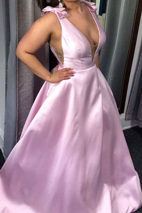 Simple Pink V-neck Long Prom Dress Ball Gown with Bowknot