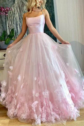 Pink Applique Spaghetti Strap Prom Gown Princess Dress