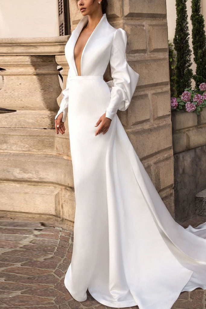 Delicate White Long Sleeves Deep V-Neck Wedding Dress Dresses