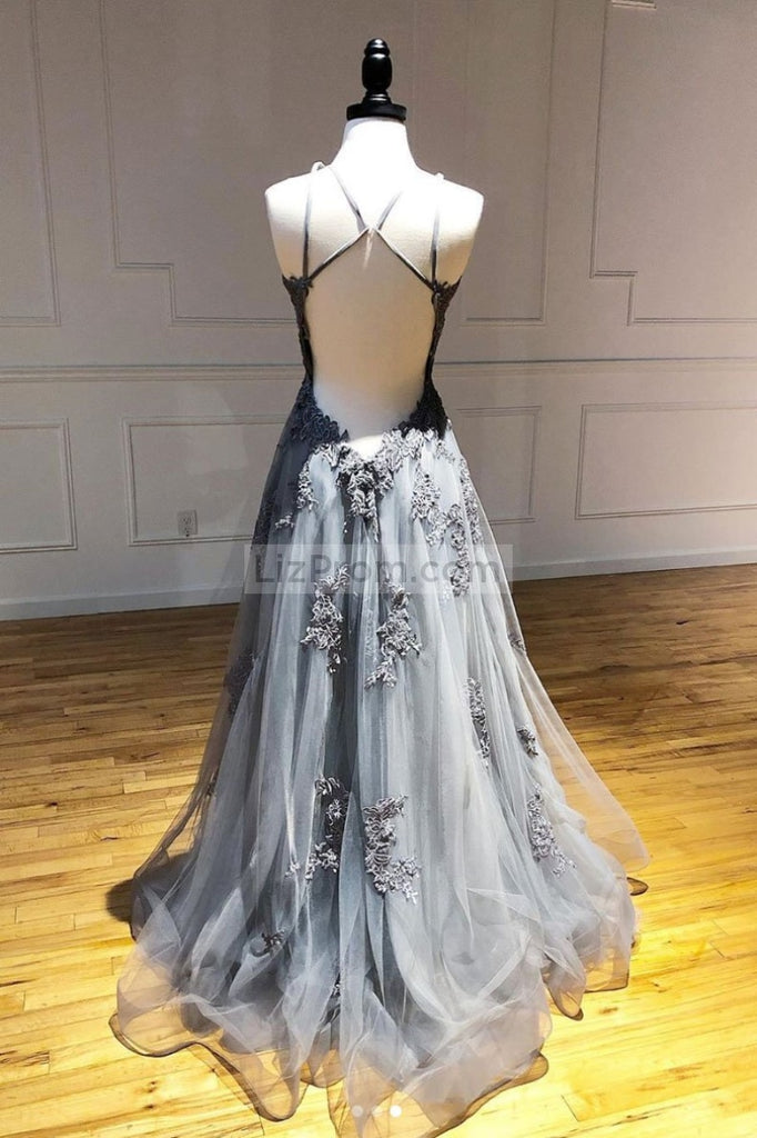 Elegant Gray A-Line Open Back Applique Prom Dress Evening Gown Dresses