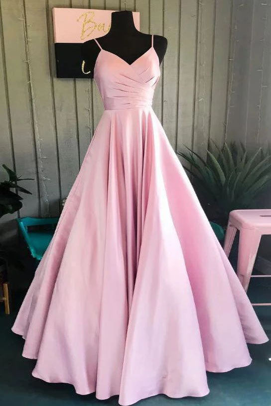 Blushing Pink Spaghetti Straps Ruffled V-neck A-line Long Prom Gown
