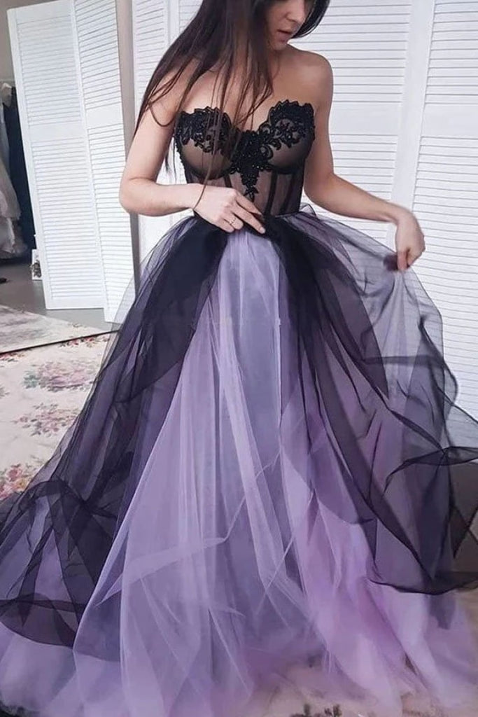 Elegant See-Through Sweetheart Strapless Long Prom Ball Gown Dresses