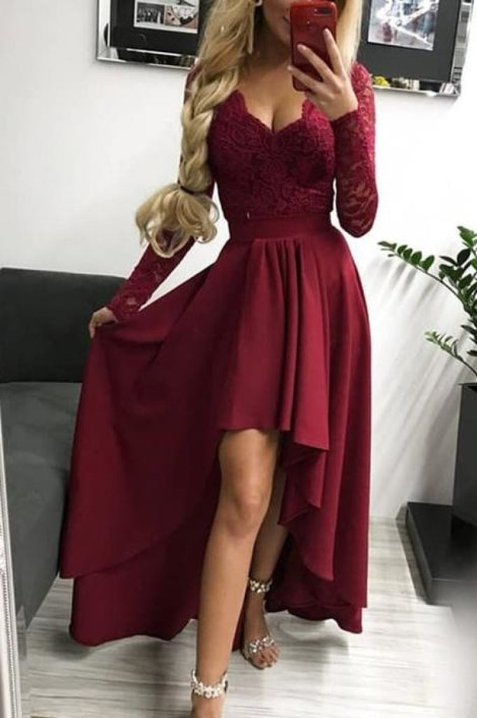 Burgundy Long Sleeves V-Neck High Low Lace Evening Prom Dress Dresses