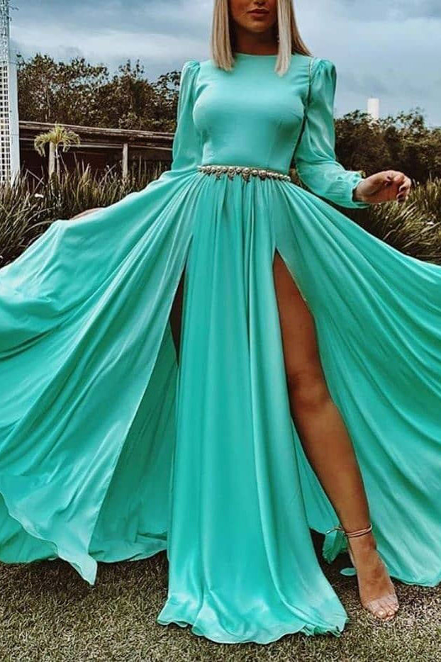 Elegant Mint Long Sleeves A-line Two Slit Long Dress Prom Gown