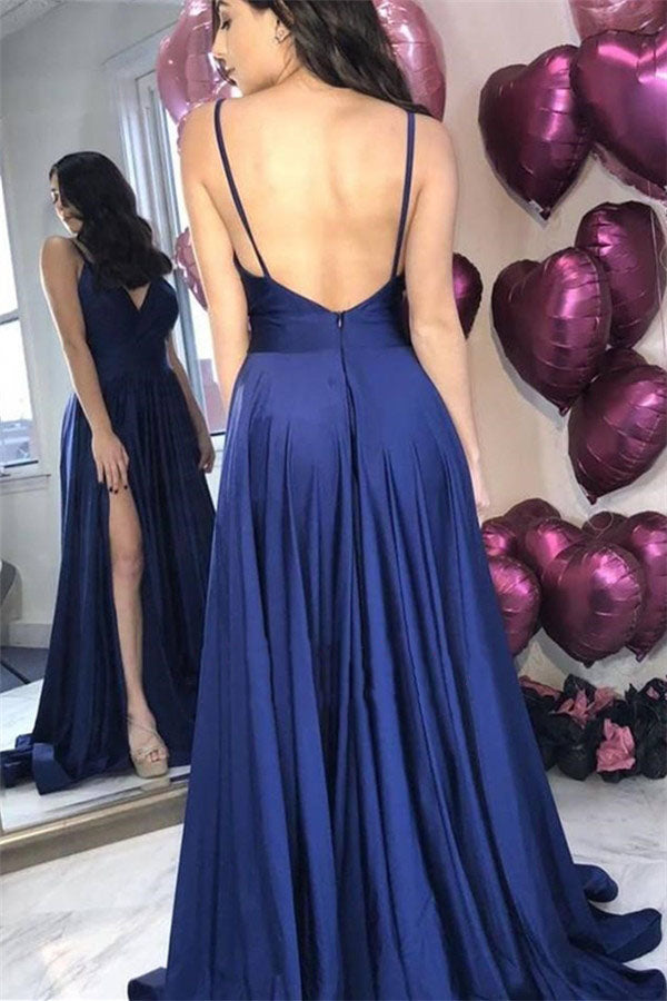 Navy Blue Spaghetti Straps Sleeveless A-line Prom Evening Dress.