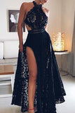 Sexy Black A-Line Halter Lace Prom Dress with Slit