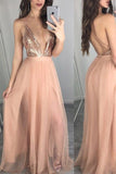 A-line Spaghetti Straps Low V-neck Sequined Prom Dress