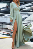 A-line Mint Thigh-high Slit V-neck Evening Dress With Sleeves