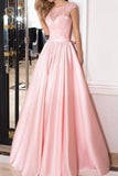 A-line See Through Pink Lace Long Evening Dress With Short Sleeves