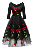 Black A-line Embroidered Prom Dress With Long Sleeves