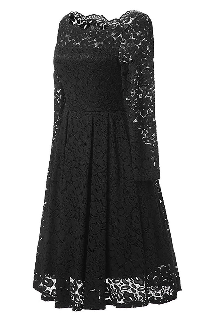 Black A-line Lace Homecoming Dress With Long Sleeves
