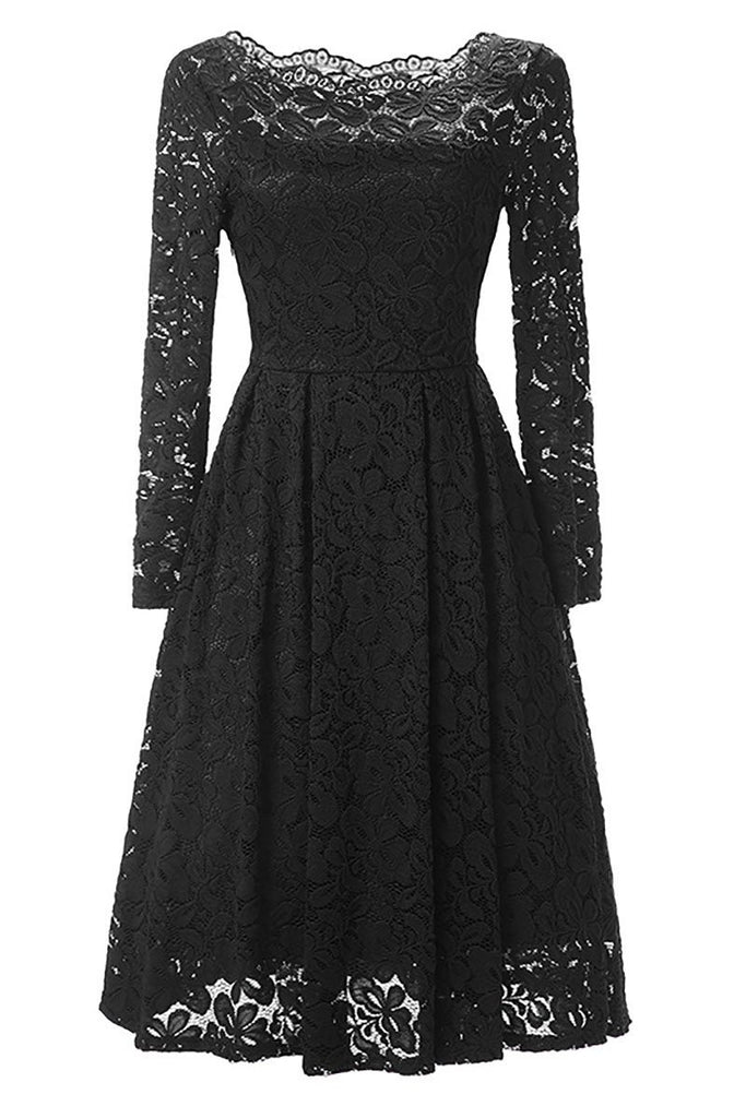 Black A-line Lace Homecoming Dress With Long Sleeves
