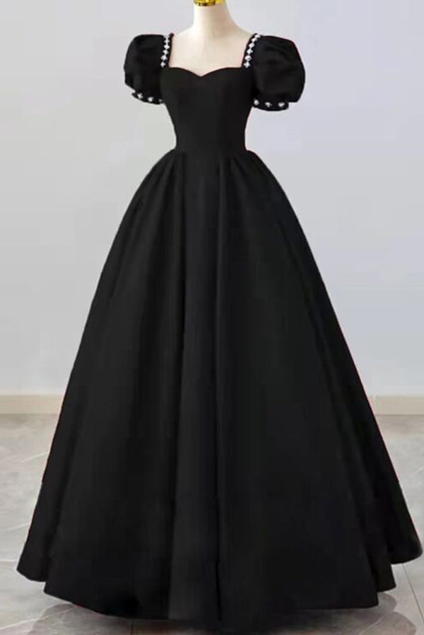 Chic Black A-line Short Sleeves Prom Dress Evening Gown