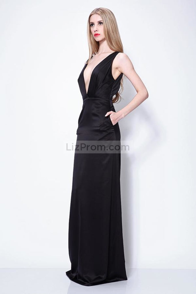 Black Deep Double V-neck Backless Prom Evening Dress