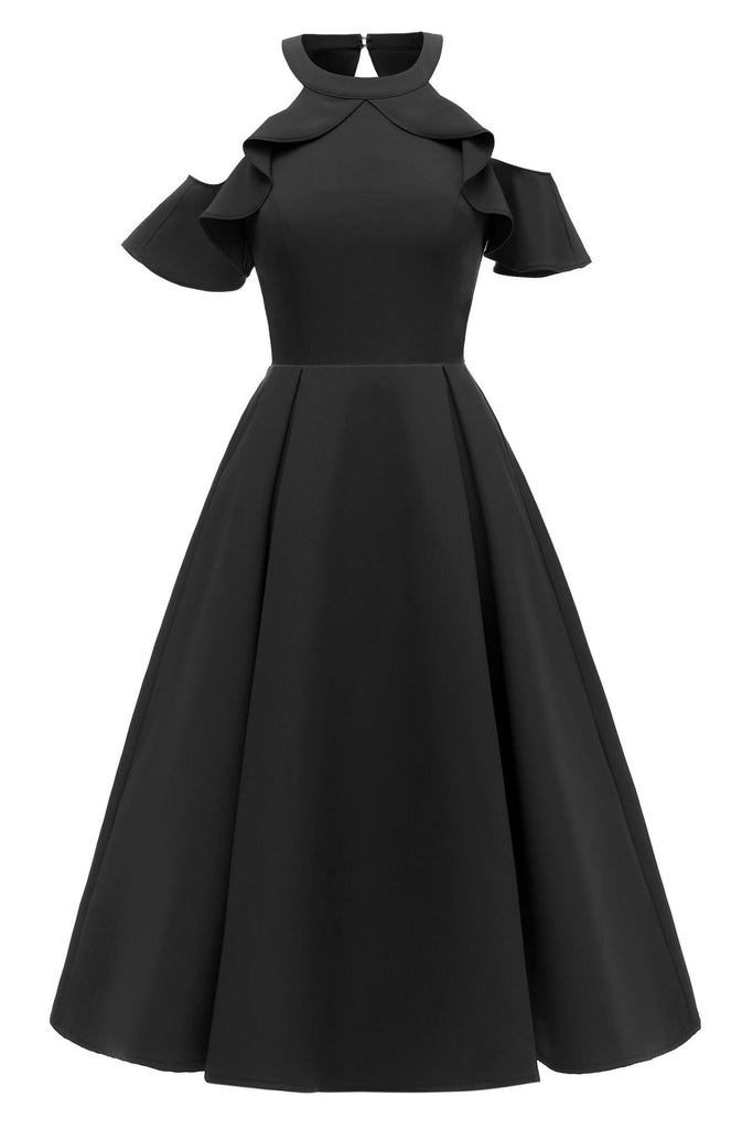 Black Fit And Flare Ruffled Off-the-shoulder Homecoming Dress
