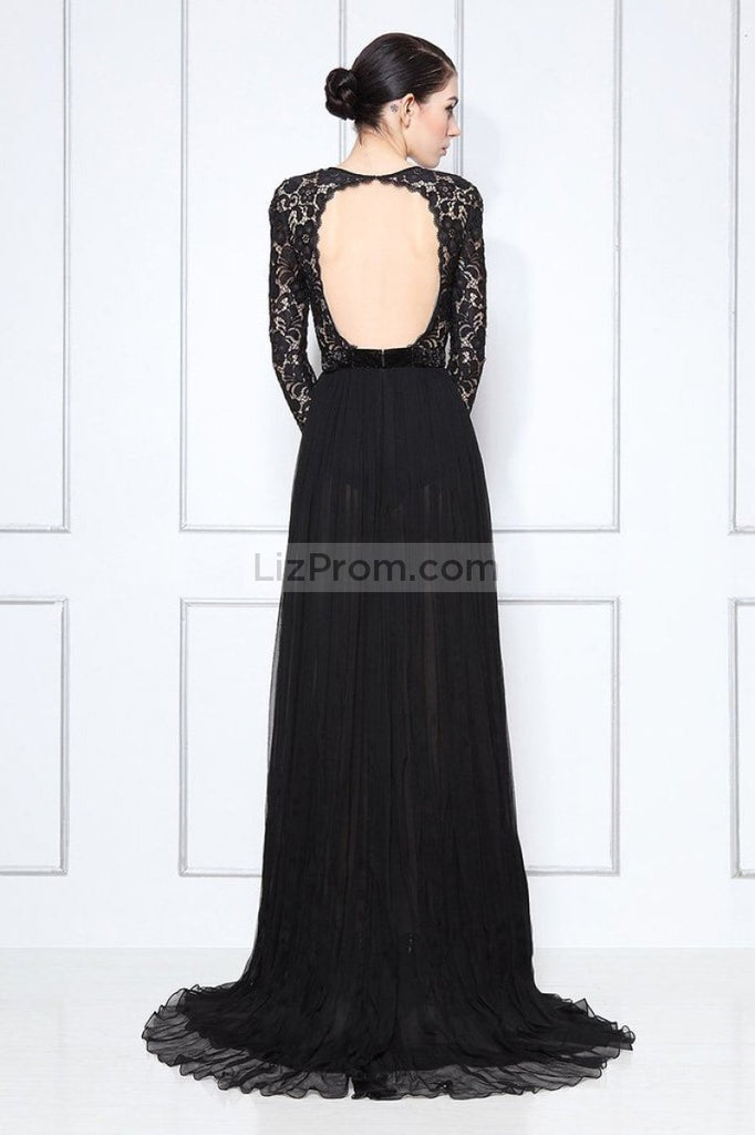 Black Lace Thigh-High Slit Prom Formal Dress With Long Sleeves Dresses