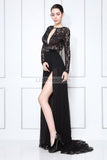 Black Lace Thigh-High Slit Prom Formal Dress With Long Sleeves Dresses