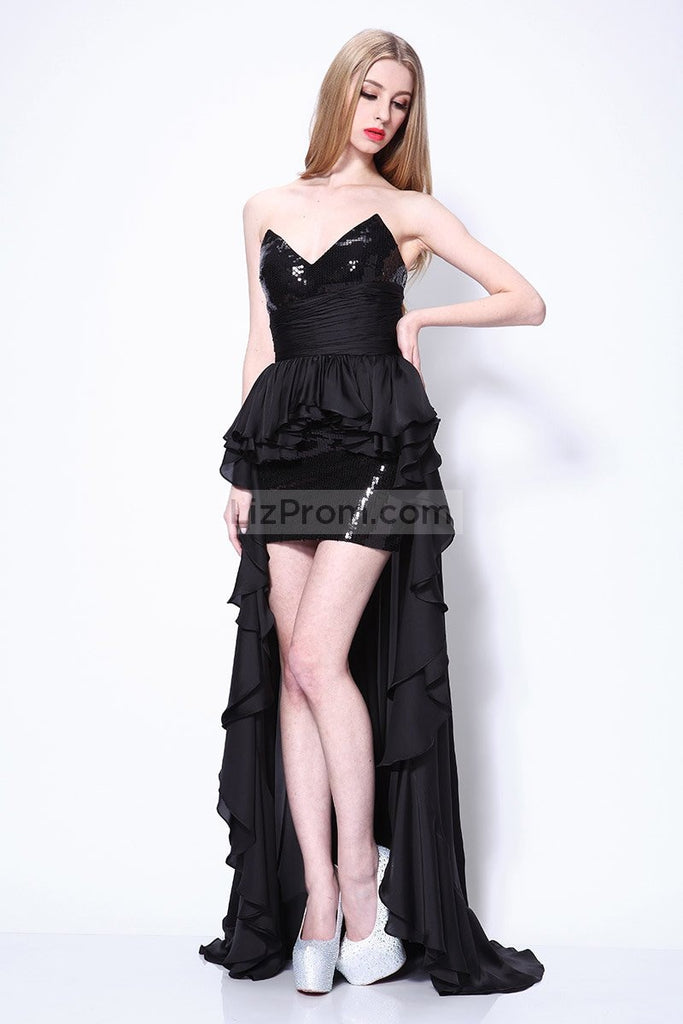 Black Strapless High Low Sequins Prom Evening Dress Dresses