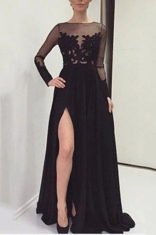 Black A-Line Slit Long Sleeves See Through Lace Evening Prom Dress