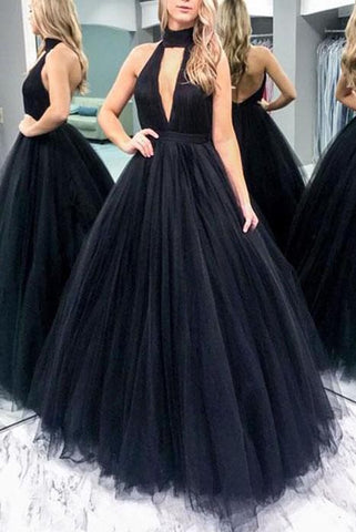 Black High Fashion Cut Out Backless Tulle High Neck Evening Ball Gown
