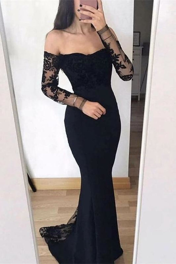 Black Long Sleeves Mermaid Lace Off The Shoulder Evening Prom Dress Dresses