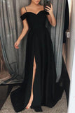 Black Off-the-Shoulder Spaghetti Straps Split Front Evening Prom Dress
