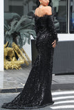 Black Sparkly Off Shoulder Mermaid Long Sleeves Cheap Evening Dress