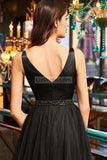 Black Tulle Low V-neck Beading Open Back Evening Dresses