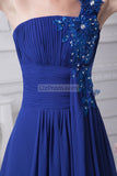 Blue One Shoulder A-line Beaded Prom Dress