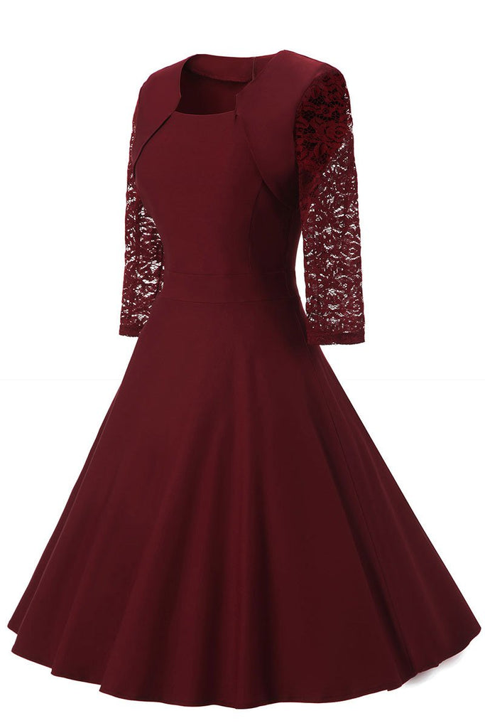 Burgundy A-line Prom Dress WIth Half Sleeves