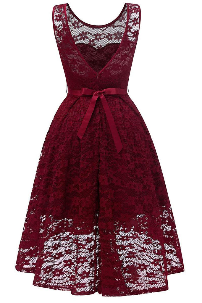 Burgundy Lace High Low Short Prom Bridesmaid Dress - Mislish