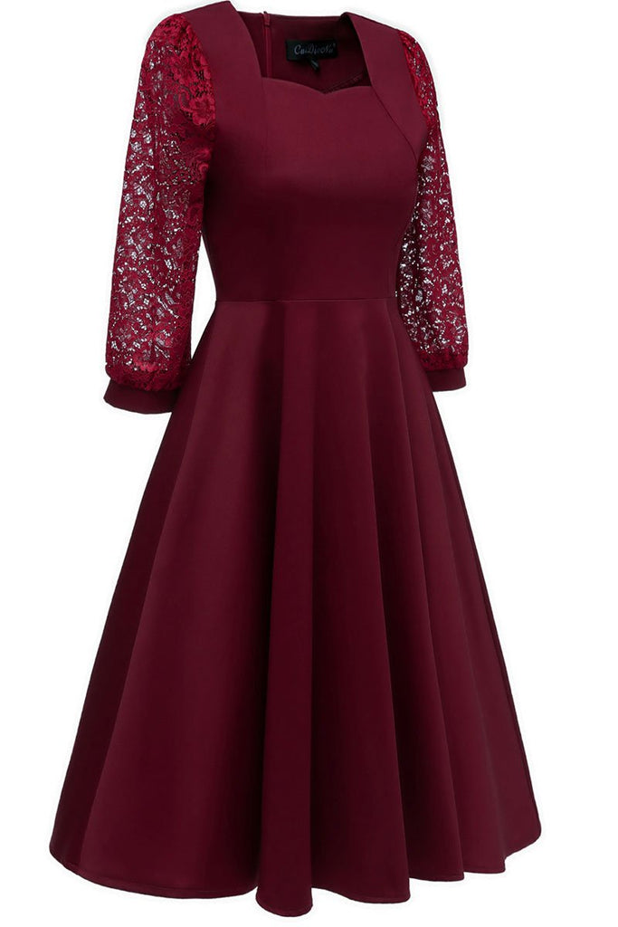 Burgundy Lace Long Sleeves Prom Dress - Mislish
