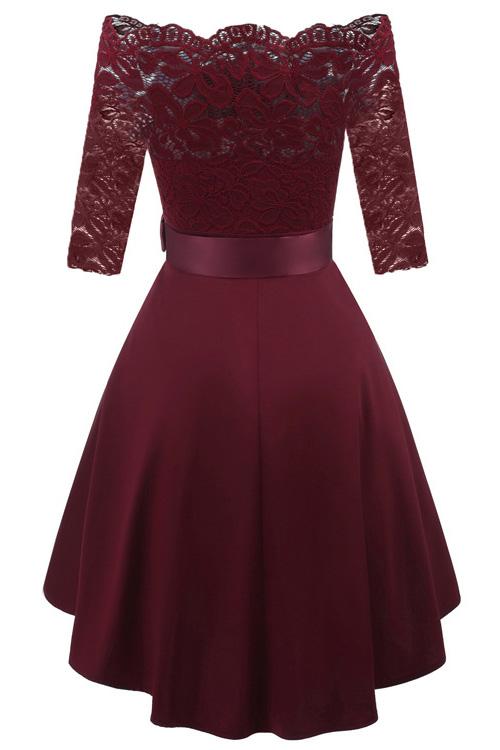Burgundy Lace Off-the-shoulder High Low Prom Dress