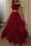 Burgundy Off Shoulder Two-piece Prom Dress Evening Gown