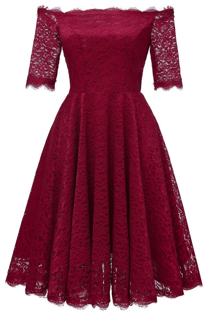 Burgundy Off-the-shoulder Lace Bridesmaid Prom Dress With Sleeves - Mislish