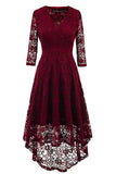 Burgundy V-neck Lace High Low Prom Dress