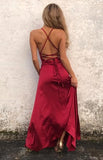 Burgundy A-line Criss Cross Straps Prom Dress With High Slit.