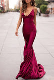 Burgundy Mermaid Cowl Spaghetti Straps Slit Long Prom Dress