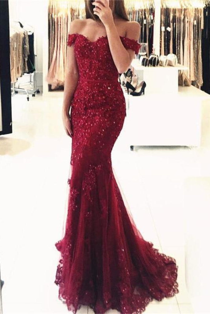 Burgundy Off-The-Shoulder Mermaid Lace Beaded Prom Dress Dresses