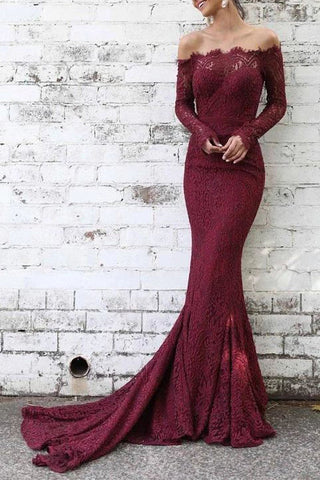 Burgundy Off The Shoulder Mermaid Lace Long Sleeves Prom Dress