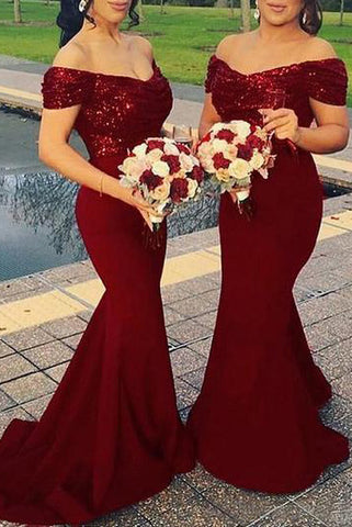 Burgundy Off The Shoulder Mermaid Sequined Bridesmaid Prom Dress