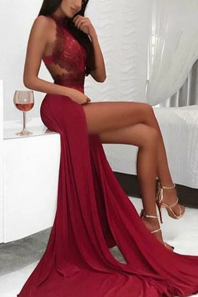 Burgundy Sexy Thigh-High Slit Prom Dress Dresses