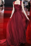 Burgundy Square Neck A-line Sleeveless Ruffled Prom Dress