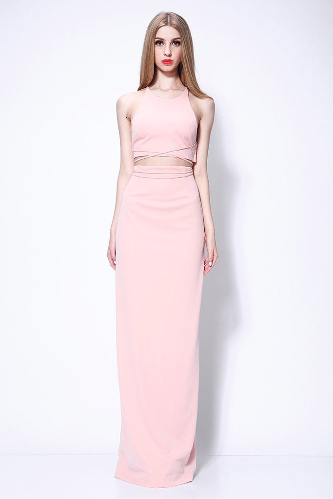 Candy Pink Cross Back Two Pieces Evening Prom Dress