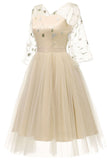 Champagne V-neck A-line Applique Prom Dress With Long Sleeves