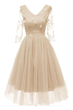 Champagne V-neck A-line Applique Prom Dress With Long Sleeves
