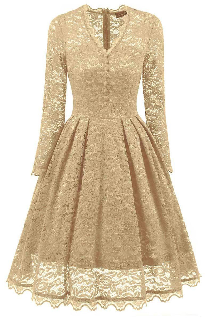 Champagne V-neck Prom Dress With Long Sleeves