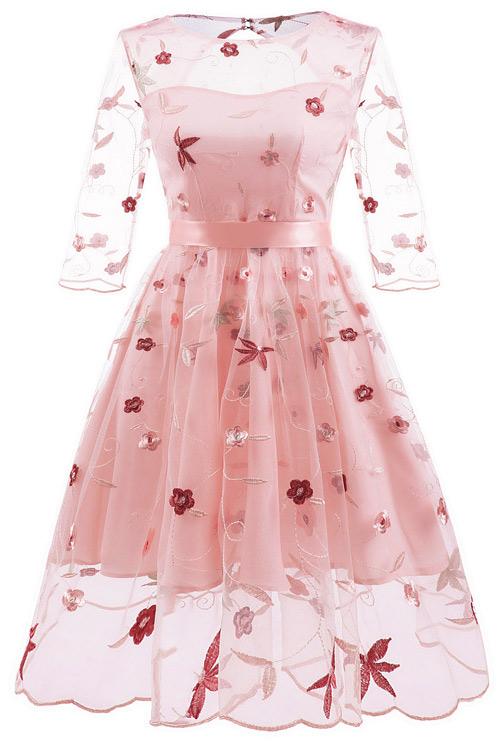 Chic Pink Embroidered A-line Homecoming Dress With Long Sleeves