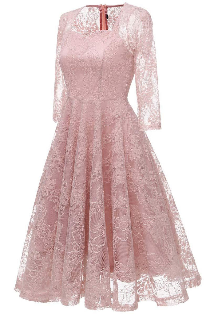 Chic Pink Lace A-line Prom Dress With Long Sleeves - Mislish
